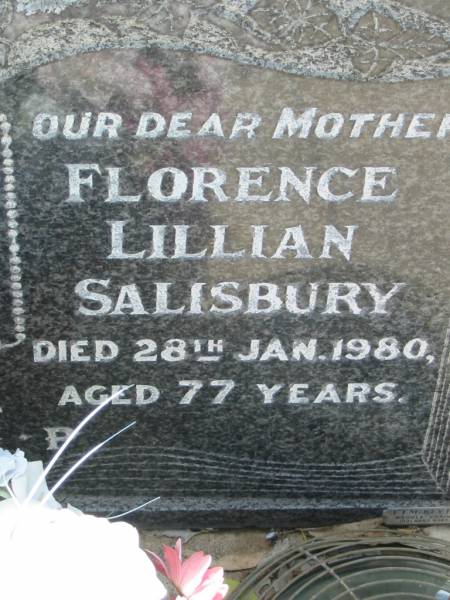 John Thomas SALISBURY, husband father,  | died 24 Jan 1967 aged 79 years;  | Florence Lillian SALISBURY, mother,  | died 28 Jan 1980 aged 77 years;  | St James Catholic Cemetery, Palen Creek, Beaudesert Shire  | 