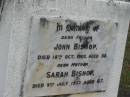 
John BISHOP, died 18 Oct 1902 aged 58, father;
Sarah BISHOP, died 9 July 1937 aged 87, mother;
Parkhouse Cemetery, Beaudesert
