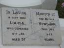 
Louisa NEWSHAM, died 4 Jan 1947 aged 57 years;
Parkhouse Cemetery, Beaudesert
