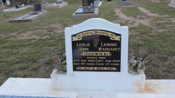 Leslie John DZIEWICKI  | b: 27 May 1993 aged 68  |   | Lenore Margaret DZIEWICKI  | d: 16 Jun 1998 aged 75  |   | Peak Downs Memorial Cemetery / Capella Cemetery  | 
