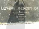
Jack William DAVIS,
died 20 Nov 1983 aged 73 years;
Alice Maud DAVIS,
died 5 March 1984 aged 75 years;
Pimpama Uniting cemetery, Gold Coast

