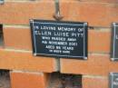 
Ellen Luise PITT,
died 4 Nov 2001 aged 86 years;
Pimpama Uniting cemetery, Gold Coast
