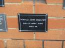 
Donald John COULTER,
died 12 April 2000 aged 69 years;
Pimpama Uniting cemetery, Gold Coast
