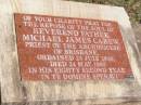 
Michael James CAREW, reverend father,
ordained 25 July 1940,
died 24 May 1998 in his 82nd year;
Pine Mountain Catholic (St Michaels) cemetery, Ipswich 
