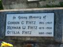 
Gordon G. FRITZ, 1915 - 1937;
Herman W. FRITZ, 1879 - 1950;
Ottilia FRITZ, 1880 - 1960;
Plainland Lutheran Cemetery, Laidley Shire
