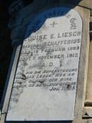 
Louise E. LIESCH (nee SCHAFFERIUS),
born 12 Feb 1893 died 9 Nov 1912;
Plainland Lutheran Cemetery, Laidley Shire

