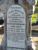 
Wilhelm Ferdinand Carl OTTO, husband father,
born 17 June 1877 died 6 April 1917;
Wilhelmine OTTO (nee ALBRECHT),
born Drense, Germany 20 Oct 1852
died 22 Sept 1919;
F.W. OTTO,
born 26 Nov 1849 in Germany,
died 21 Oct 1923;
Plainland Lutheran Cemetery, Laidley Shire
