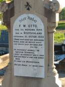 
Wilhelm Ferdinand Carl OTTO, husband father,
born 17 June 1877 died 6 April 1917;
Wilhelmine OTTO (nee ALBRECHT),
born Drense, Germany 20 Oct 1852
died 22 Sept 1919;
F.W. OTTO,
born 26 Nov 1849 in Germany,
died 21 Oct 1923;
Plainland Lutheran Cemetery, Laidley Shire
