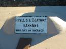 
Phyllis & Beatrice HANNANT,
died in infancy;
Plainland Lutheran Cemetery, Laidley Shire
