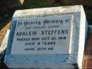 
Adalein STEFFENS, sister,
died 21 Oct 1918 aged 8 years;
Plainland Lutheran Cemetery, Laidley Shire
