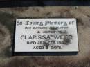 
Clarissa WEIER, daughter sister,
died 28 Feb 1977 aged 3 days;
Plainland Lutheran Cemetery, Laidley Shire
