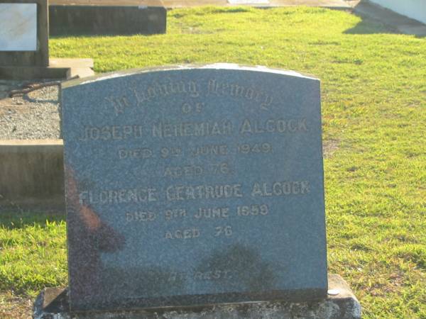 Joseph Nehemiah ALCOCK,  | died 8 June 1949 aged 76 years;  | Florence Gertrude ALCOCK,  | died 9 June 1959 aged 76 years;  | Polson Cemetery, Hervey Bay  | 