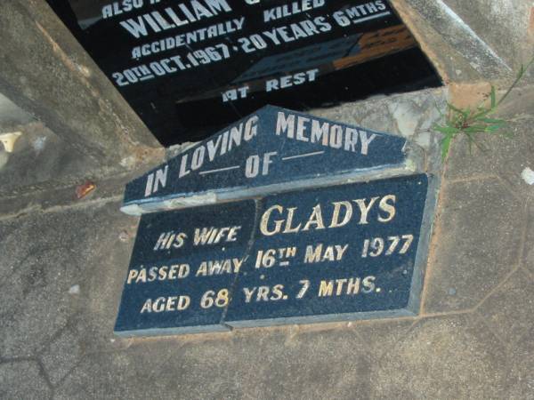 Patrick John BUCKLEY,  | died 5 Dec 1965 aged 77 years 7 months;  | William John,  | son,  | accidentally killed 20 Oct 1967 aged 20 years 6 months;  | Gladys,  | wife,  | died 16 May 1977 aged 68 years 7 months;  | Polson Cemetery, Hervey Bay  | 