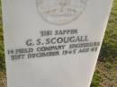 
G.S. SCOUGALL,
died 31 Dec 1945 aged 65 years;
Polson Cemetery, Hervey Bay
