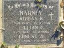 
Adrian K. BARNEY,
13-9-1949 - 10-8-1950;
Lillian C. BARNEY,
3-5-1914 - 16-8-1969;
Ernest A. BARNEY,
3-6-1899 - 1-4-1995;
Polson Cemetery, Hervey Bay
