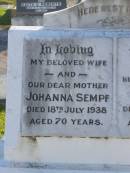 
Johanna SEMPF,
wife mother,
died 18 July 1938 aged 70 years;
Frederick,
husband,
died 14 May 1948 aged 79 years;
Polson Cemetery, Hervey Bay
