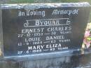 
Ernest Charles BYQUAR,
died 27-12-1953 aged 28 years;
Louie Daniel BYQUAR,
did 12-9-1984 aged 63 years;
Mary Eliza BYQUAR,
died 27-6-1989 aged 89 years;
Polson Cemetery, Hervey Bay
