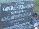 
F.H. RICHARDSON,
died 30 Aug 1951;
Mary RICHARDSON,
died 11 Sept 1967;
Polson Cemetery, Hervey Bay

