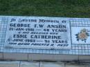 
George F.W. ANSON,
died 21 Jan 1961 aged 48 years;
Esme Catherine,
wife,
died 9 June 1969 aged 51 years;
parents;
Polson Cemetery, Hervey Bay
