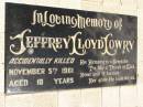 
Jeffrey Lloyd LOWRY,
accidentally killed 5 Nov 1961 aged 18 years;
Polson Cemetery, Hervey Bay
