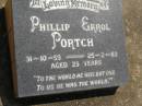 
Phillip Errol PORTCH,
31-10-59 - 25-2-83 aged 23 years;
Polson Cemetery, Hervey Bay
