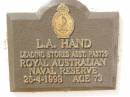 
L.A. HAND,
died 26-4-1998 aged 73 years;
Polson Cemetery, Hervey Bay

