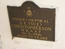 
S.E. (Sue) CHRISTOPHERSON,
died 10-9-19996 aged 79 years;
Polson Cemetery, Hervey Bay
