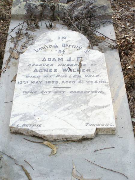 Adam J.F., husband of Agnes WALKER,  | died Pullen Vale 13 May 1879 aged 41 years;  | Pullenvale cemetery, Brisbane  | 