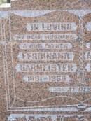 
Ferdinand GARMEISTER, husband father,
d1891 - 1956;
Auguste Louise GARMEISTER, wife,
1894 - 1959;
Ropeley Immanuel Lutheran cemetery, Gatton Shire
