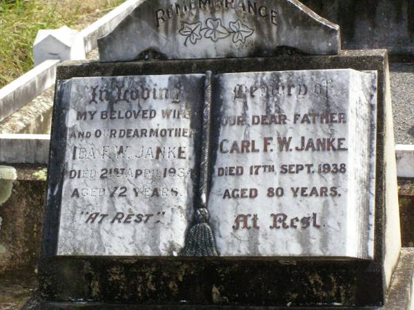 Ida F.W. JANKE, wife mother,  | died 21 April 1934 aged 72 years;  | Carl F.W. JANKE, father,  | died 17 Sept 1938 aged 80 years;  | Ropeley Immanuel Lutheran cemetery, Gatton Shire  | 