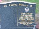 
Winifred Marjorie CHRISTENSEN,
10-5-1934 - 30-10-2001;
Rosevale Church of Christ cemetery, Boonah Shire

