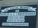 
Dudley A.C. CHRISTENSEN,
died Jan 1996 aged 59 years;
Rosevale Church of Christ cemetery, Boonah Shire

