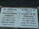 
Wilhelmine PRIMUS,
died 30 Dec 1936 aged 67 years;
Franz R.W. PRIMUS,
died 4 Aug 1942 aged 77 years;
Rosevale Church of Christ cemetery, Boonah Shire

