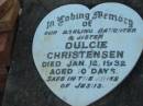 
Dulcie CHRISTENSEN, daughter sister,
died 12 Jan 1932 aged 10 days;
Rosevale Church of Christ cemetery, Boonah Shire
