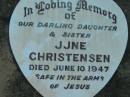 
Vallan CHRISTENSEN, son brother,
died Jan 1939;
Leona May CHRISTENSEN, daughter sister,
died 18 March 1841;
June CHRISTENSEN, daughter sister,
died 10 June 1947;
Laurie David CHRISTENSEN, son brother,
died 4 July 1950 aged 2 years 11 months;
Rosevale Church of Christ cemetery, Boonah Shire
