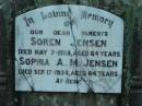 
parents;
Soren JENSEN, 
died 7 May 1918 aged 64 years;
Sophia A.M. JENSEN,
died 17 Sept 1934 aged 64 years;
Rosevale Church of Christ cemetery, Boonah Shire
