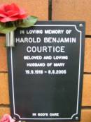 
Harold Benjamin COURTICE, husband of Mary,
19-9-1918 - 8-8-2005;
Rosewood Uniting Church Columbarium wall, Ipswich
