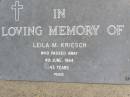 
Leila M. KRIESCH,
died 4 June 1964 aged 43 years;
Samsonvale Cemetery, Pine Rivers Shire
