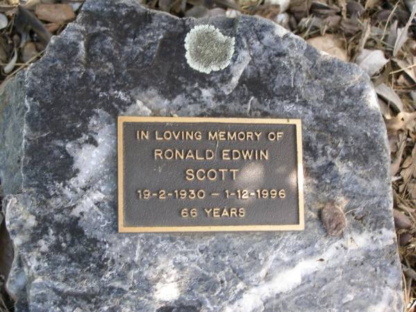 Ronald Edwin SCOTT,  | 19-2-1930 - 1-12-1996 aged 66 years;  | Samsonvale Cemetery, Pine Rivers Shire  | 