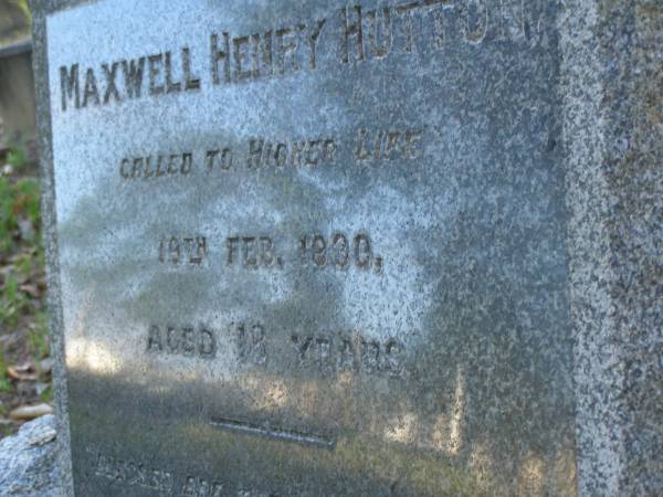 Maxwell Henry HUTTON,  | died 19 Feb 1930 aged 18 years;  | Bald Hills (Sandgate) cemetery, Brisbane  | 