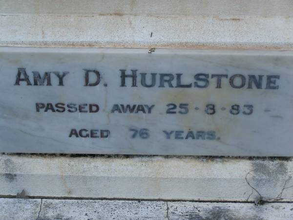 Isabelle HURLSTONE,  | mother,  | died 20 March 1946 aged 71 years;  | William HURLSTONE,  | died 29 May 1915 aged 44 years;  | Amy D. HURLSTONE,  | died 25-8-83 aged 76 years;  | Bald Hills (Sandgate) cemetery, Brisbane  | 