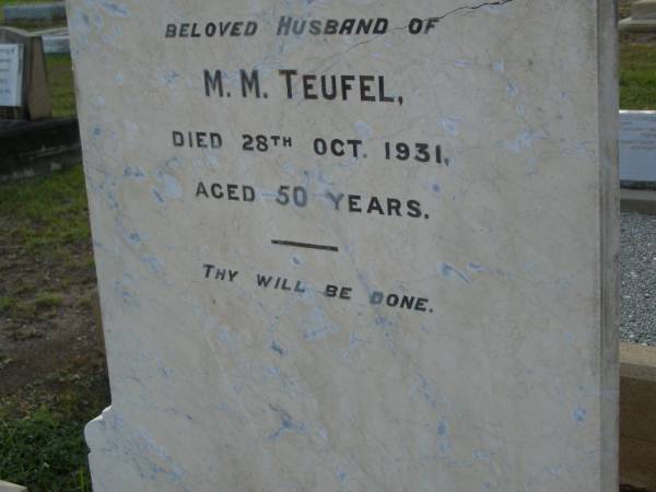 Johann Carl STREINER,  | born 14 April 1884,  | died 20 Aug 1901;  | Julius,  | husband of M.M. TEUFEL,  | died 28 Oct 1931 aged 50 years;  | Bald Hills (Sandgate) cemetery, Brisbane  | 