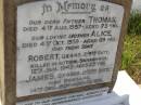 
Thomas HUTCHISON,
father,
died 4 Aug 1957 aged 73 years;
Alice HUTCHISON,
mother,
died 4 Oct 1959 aged 69 years;
Robert HUTCHISON,
killed in action Sanananda
12 Jan 1943 aged 25 years;
James HUTCHISON,
died Brisbane 14 Dec 1956 aged 36 years;
Bald Hills (Sandgate) cemetery, Brisbane
