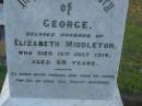 
George,
husband of Elizabeth MIDDLETON,
died 15 July 1916 aged 68 years;
Bald Hills (Sandgate) cemetery, Brisbane
