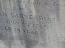 
James CARSELDINE,
died 2 March 1902 aged 57 years;
Janet CARSELDINE,
wife,
died 28 Dec 1907 in 59th year;
Arthur Edwin CARSELDINE,
died 14 July 1908 aged 21 years 2 months;
Eva CARSELDINE,
sister,
died 25 July 1942 aged 61 years;
Mary Ann CARSELDINE,
born 6 June 1812,
died 18 Sept 1880 aged 68 years;
William CARSELDINE,
died 6 July 1886 aged 70 years;
Bald Hills (Sandgate) cemetery, Brisbane
