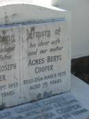 
George Joseph COOPER,
husband father,
died 15 Sept 1953 aged 53 years;
Agnes Beryl COOPER,
wife mother,
died 26 March 1975 aged 75 years;
Phillip George COOPER,
died 22 Jan 1976 aged 54 years;
Betty Christina COOPER,
died 19 April 1981 aged 58 years;
Bald Hills (Sandgate) cemetery, Brisbane
