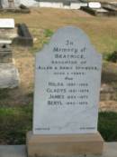 
Beatrice, Daughter of Allan and Annie Spowers aged 2 years
Hilda 1895-1968
Gladys 1891-1974
James 1889-1977
Beryl 1892-1979
Sherwood (Anglican) Cemetery, Brisbane

