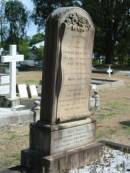 
Sacred
to
the memory of
Charles Queale Senr
who died 23rd March 1897,
aged 79 years.
And to the memory of
Mary Queale,
who died May 7th 1912,
Aged 88 years.
Also Charles,
beloved husband of Alice Queale
who died June 11th 1933,
aged 66 years.
 
Alice Queale,
who died November 23rd 1968 aged 89 years
Patricia Amy Baird,
who died June 11th 1968 aged 53 years.
 
Athol Ferguson
Baird
2-11-1911 ~ 11-8-2006
aged 94 years
Loving husband of Patricia
A gentleman
 
Sherwood (Anglican) Cemetery, Brisbane
