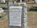 
Frank Love PRATTEN
12 Feb 1920 aged 57
his wife
Mary
12 Jul 1948 aged 84

Sherwood (Anglican) Cemetery, Brisbane

