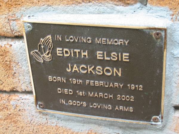 Edith Elsie JACKSON,  | born 19 Feb 1912 died 1 March 2002;  | Slacks Creek St Mark's Anglican cemetery, Daisy Hill, Logan City  | 